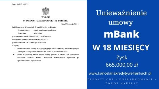 Unieważnienie kredytu mBank „Multiplan” na 1 rozprawie. Wygrywamy w SO Warszawa