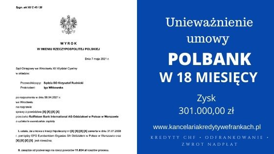Unieważnienie umowy Polbank (Raiffeisen Bank) na 1 rozprawie. Wygrywamy w SO Wrocław