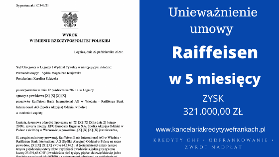 Ekspresowe unieważnienie umowy frankowej Raiffeisen Bank w LEGNICY. Wygrywamy w 5 MIESIĘCY. 84.354,21 zł oraz 25.591,66 CHF dla naszego Klienta
