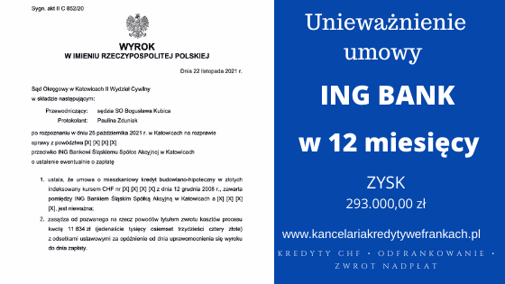 UNIEWAŻNIENIE kredytu ING BANK po 1 rozprawie i 12 miesiącach. Sprawnie wygrywamy w Katowicach