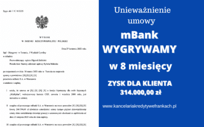 Unieważnienie kredytu we frankach mBank „Multiplan” oraz 244.594,69zł dla naszych Klientów. Szybko wygrywamy w Toruniu w 8 MIESIĘCY po 1 ROZPRAWIE!