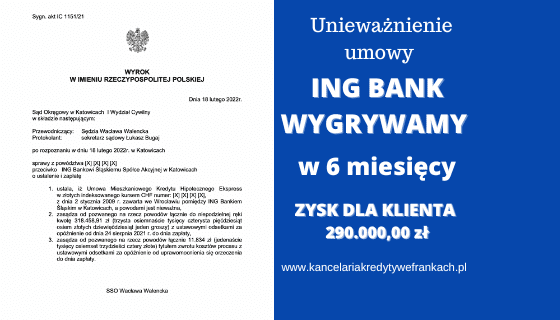EKSPRESOWE unieważnienie kredytu ING BANK oraz 318.458,91 zł dla naszego Klienta. Wygrywamy w 6 miesięcy w KATOWICACH