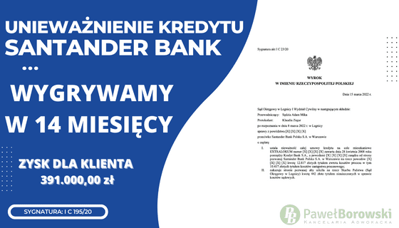 Unieważnienie kredytu Santander BP (umowa EKSTRALOKUM KREDYT BANK z 2008r.). Wygrywamy w Legnicy