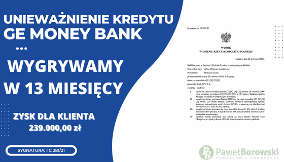 Unieważnienie kredytu GE MONEY BANK (BPH SA) z 2006 r.  oraz 219 786,08 zł. Sprawnie wygrywamy w Legnicy