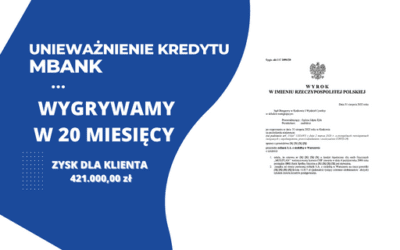 Unieważnienie kredytu we frankach mBank w Sądzie Okręgowym w Krakowie. Zysk dla naszego Klienta 421.000,00 zł