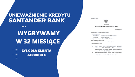 UNIEWAŻNIENIE KREDYTU WE FRANKACH SANTANDER BANK (Kredyt Bank) – wygrywamy w Sądzie Okręgowym we Wrocławiu. Korzyść dla Klienta 243.000,00 zł