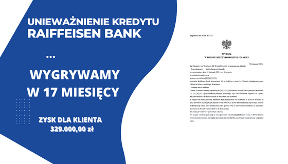 Unieważnienie kredytu frankowego Raiffeisen Bank (Polbank) w SO we Wrocławiu i 195.674,21 zł dla naszych KLIENTÓW