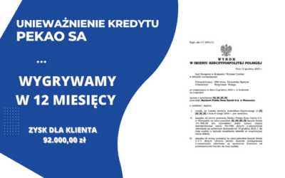 Szybkie unieważnienie kredytu we frankach PEKAO SA ( BPH SA) z 2006 r. i 141 398,38 zł dla naszych Klientów. Wygrywamy w Krakowie w 12 miesięcy