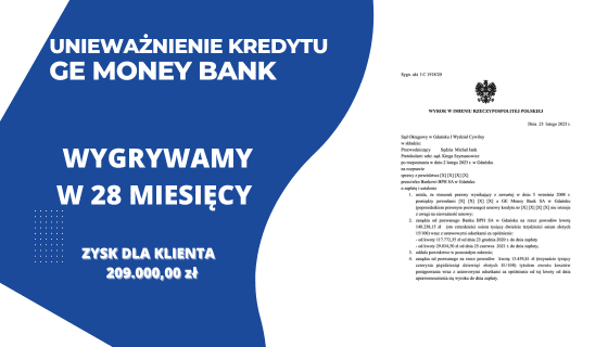 Unieważnienie kredytu BPH S.A ( GE Money Bank) Sąd Okręgowy w Gdańsku i 148.238,15 zł dla naszych Klientów. Zysk z wyroku ok 209.000,00 zł