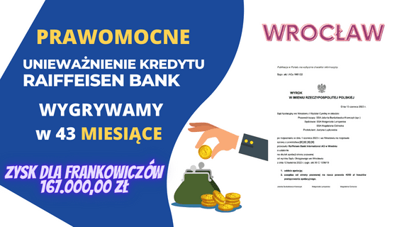 Prawomocna wygrana we Wrocławiu! Kolejny raz wygrywamy z dawnym z Raiffeisen Bank (umowa Polbank). Zysk dla Klientów 167.000,00 zł