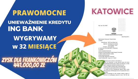 PRAWOMOCNE Unieważnienie kredytu ING BANK w Sądzie Apelacyjnym w Katowicach. Zysk dla naszego Klienta 441.000,00 zł !