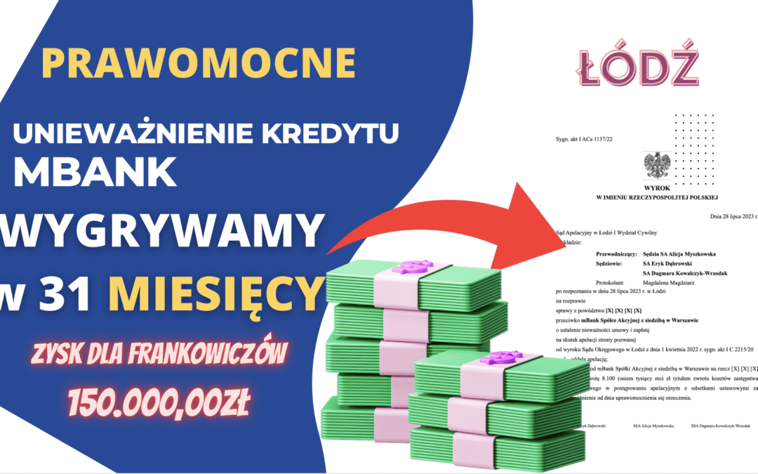 PRAWOMOCNE unieważnienie kredytu frankowego mBank w Łodzi. Zysk dla naszych Klientów 150.000,00 zł