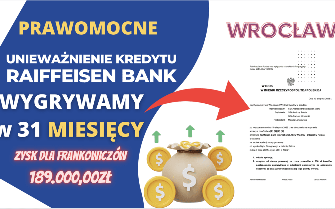 PRAWOMOCNE unieważnienie kredytu Raiffeisen Bank we Wrocławiu. Zysk dla naszych klientów 189.000,00 zł