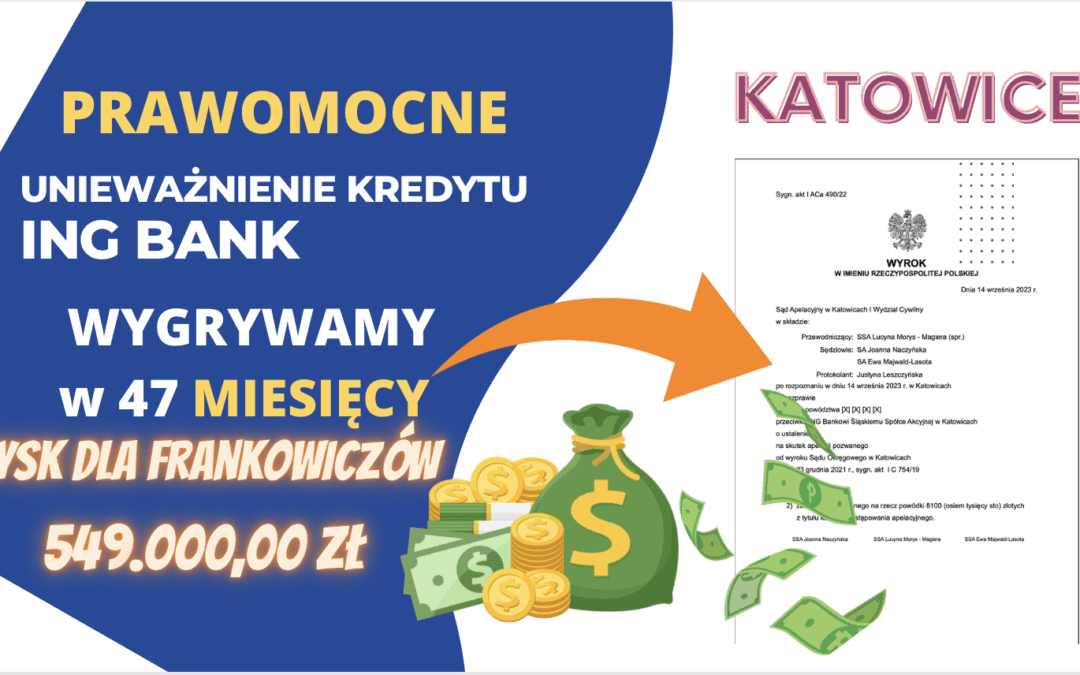 Czy warto poczekać na unieważnienie kredytu we frankach ING BANK. ZDECYDOWANIE! PRAWOMOCNE unieważnienie kredytu ING w Katowicach – ZYSK dla naszych Klientów aż 549.000,00 zł
