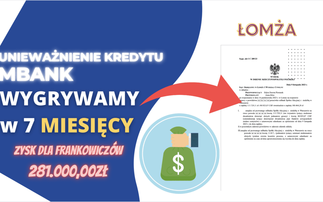 Unieważnienie kredytu we frankach mBank po całkowitej spłacie kredytu w Łomży. Zysk dla naszych Klientów 281.000,00 zł