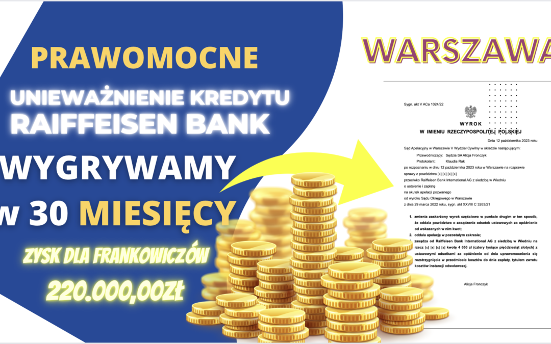 Szybki PRAWOMOCNY wyrok unieważnienie kredytu we frankach Raiffeisen Bank w Sądzie Apelacyjnym w Warszawie. Zysk dla naszych Klientów 220.000,00 zł