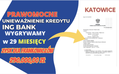 Prawomocne SZYBKIE unieważnienie kredytu we frankach ING BANK w Katowicach. ZYSK dla naszych Klientów 290.000,00 zł