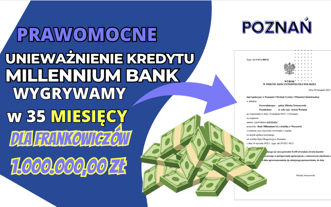Poznań SZYBKIE Prawomocne unieważnienie kredytu we frankach Millennium Bank. Gigantyczny zysk dla naszych Klientów prawie 1.000.000,00 zł