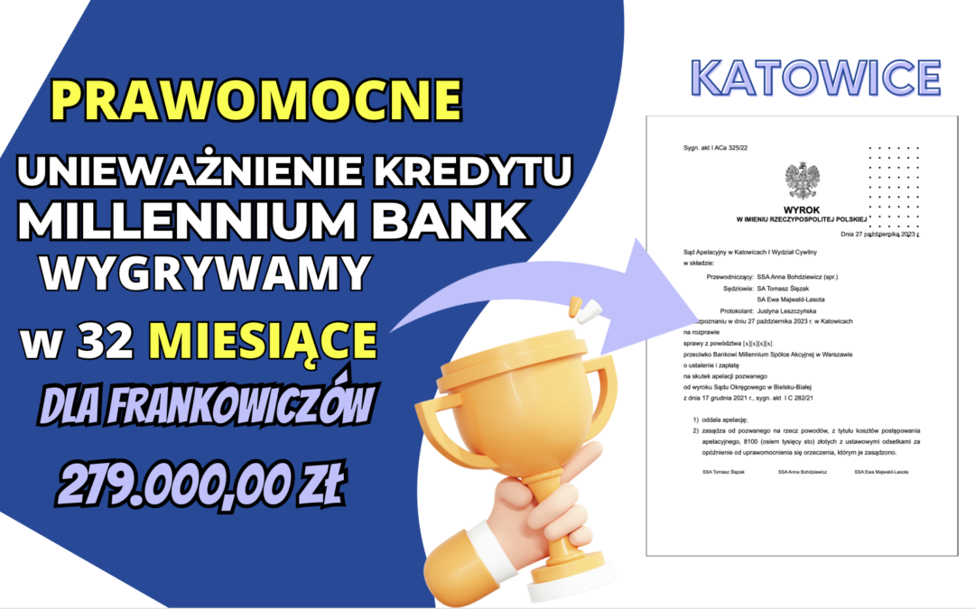Katowice Prawomocne unieważnienie kredytu Millennium Bank. Zysk dla naszych Klientów 279.000,00 zł