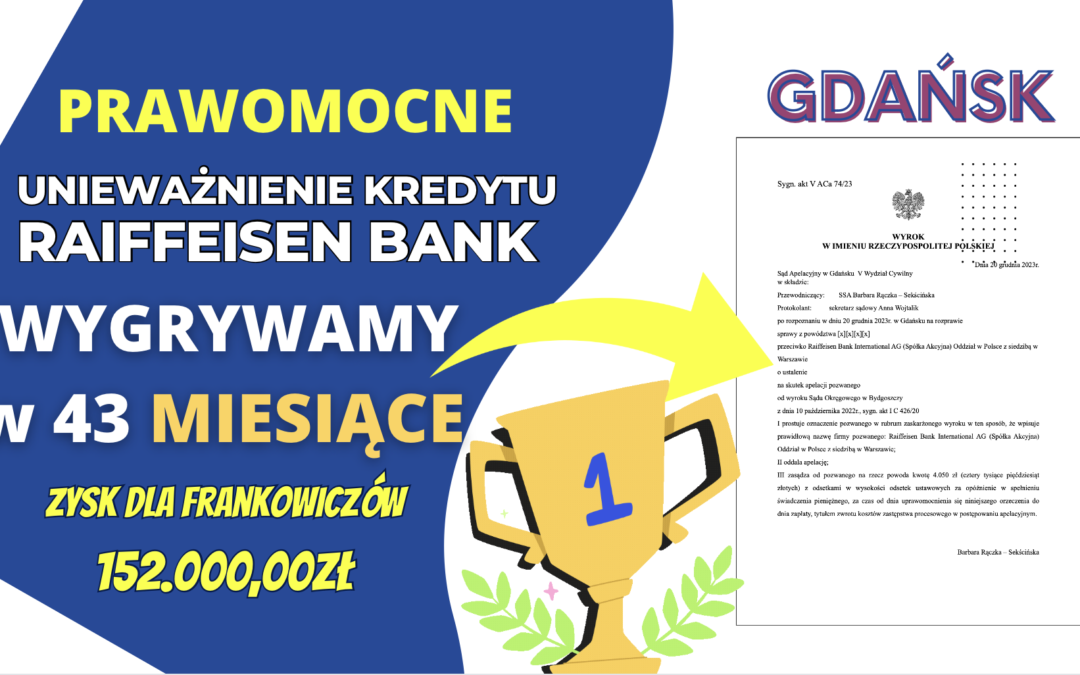 Gdańsk Prawomocne unieważnienie kredytu Raiffeisen Bank (umowa Polbank). Zysk dla Frankowiczów 152.000,00 zł