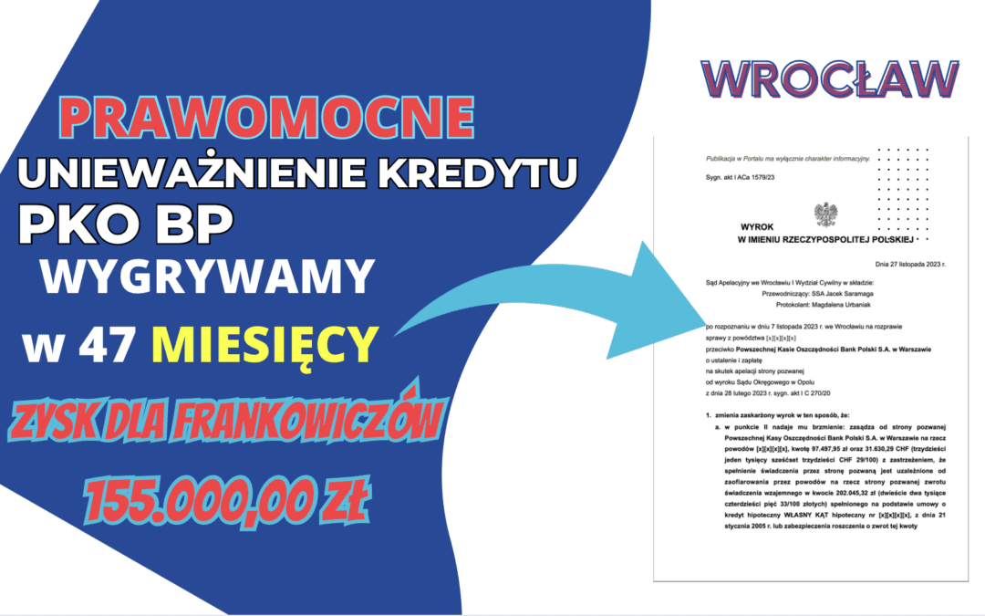 Prawomocny WYROK PKO BP  Sąd Apelacyjny we Wrocławiu. Unieważnienie kredytu we frankach i zysk dla naszych Klientów 155.000,00