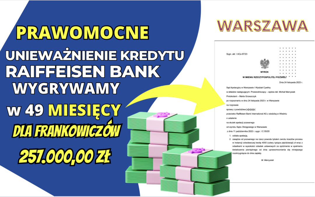 Sąd Apelacyjny w Warszawie prawomocne unieważnienie kredytu Raiffeisen Bank. Zysk dla Frankowiczów naszych Klientów 257.000.00 zł