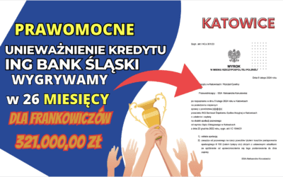Sprawne PRAWOMOCNE unieważnienie kredytu we frankach ING Bank Śląski z 2008 r. w Katowicach. ZYSK dla Frankowiczów naszych Klientów 321.000,00 zł