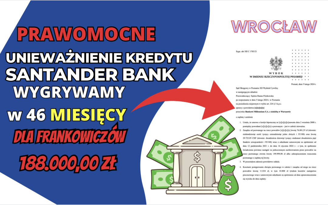 Frankowicze lubią Wrocław!  Prawomocne unieważnienie kredytu we frankach Santander Bank. Zysk dla naszych Klientów 188.000,00 zł